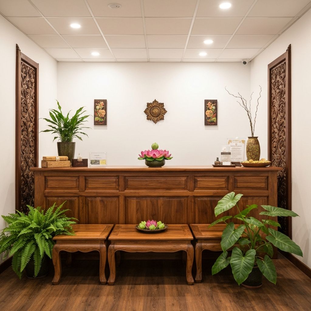 Tranquil reception area of Hampton Lucky Thai Massage studio with timber furniture and lotus flowers