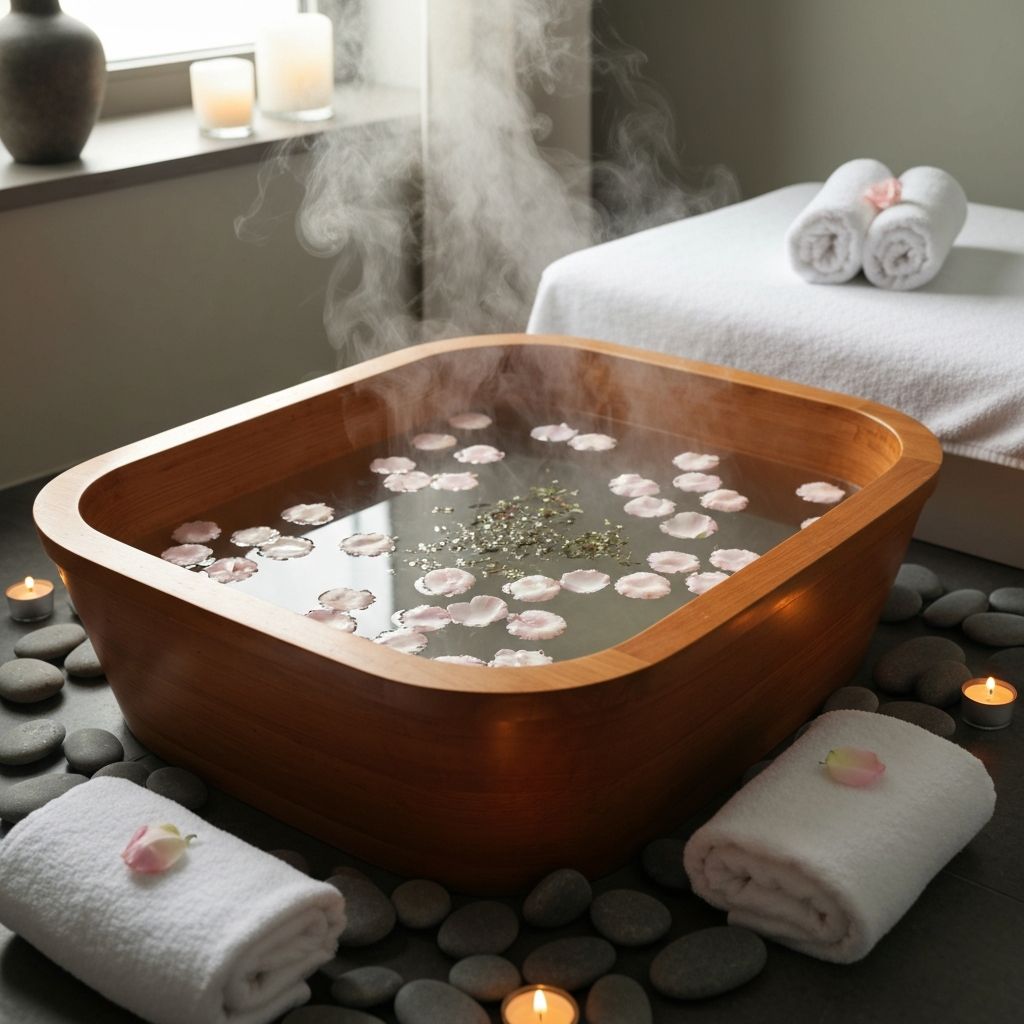 Wooden foot soak basin with river stones, rose petals, and warm water for a foot reflexology treatment
