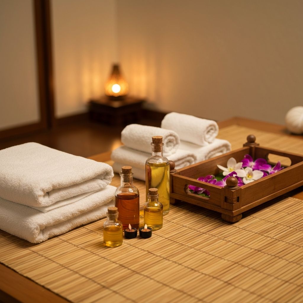 Essential oils, white towels, and orchid flowers arranged in a traditional Thai massage therapy room